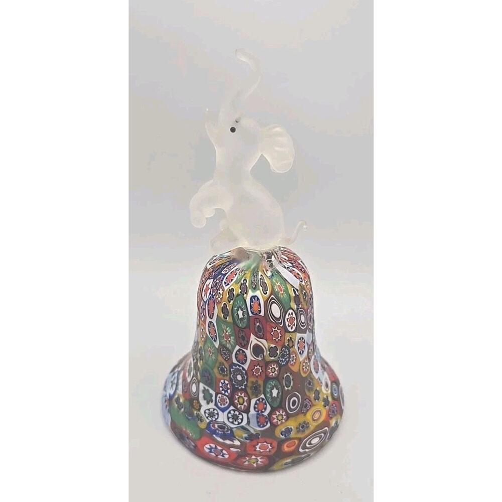 Vtg Murano Millefiori Art Glass Bell Frosted Satin Drip Elephant Handle Abt5.25"